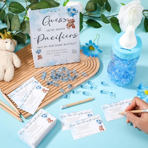 Image of Roowest 512 Pcs Baby Shower Games Guess How Many Pacifiers Sign 100 Small Guessing Games 10 HB Pencils 750ml Milk Bottle 400 Acrylic Pacifiers Decoration for Guest Gender Reveal(Blue,Bear)