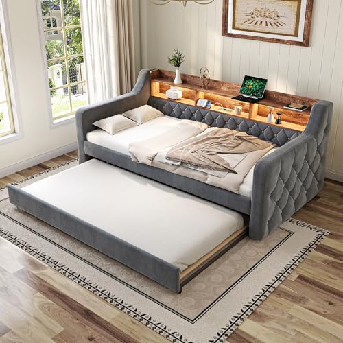 Zepneiy Cama 90 x 190 cm con cama nido de 90 x 190 cm, sofá cama con 12 somieres, cama tapizada para dormitorio, habitación de invitados o juvenil, marco de metal de madera de terciopelo, gris oscuro