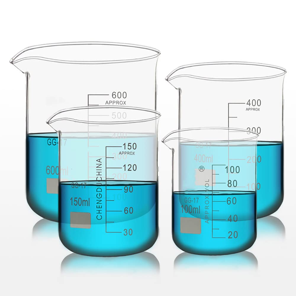 Vasos de precipitados de Vidrio de Forma Baja (500 ml/600 ml/800 ml/1000 ml), Vaso de Laboratorio de borosilicato Transparente, Vasos medidores de Vidrio con graduación y Pico, para Laboratorio, esc