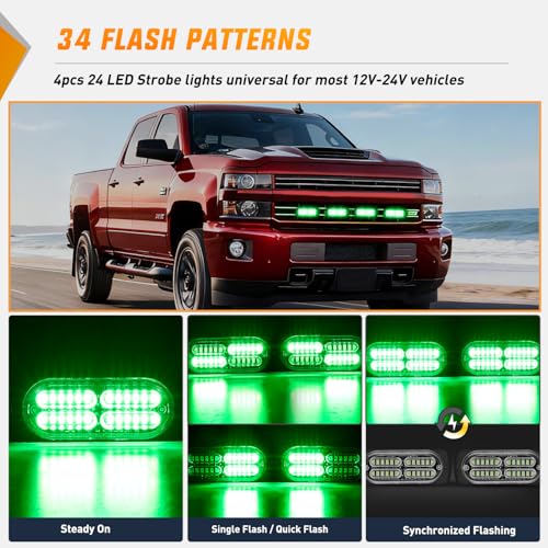 Image of Nilight 4PCS 24LED Green Strobe Light 12V /24V Grille Surface Mount | Hazard Safety Warning Light with Sync Feature for Car Truck Camper Side Marker Aluminum Alloy Base Emergency Lights
