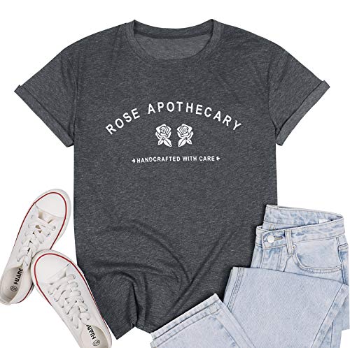 MOUSYA Rose T-Shirts Women Rose Apothecary Letter Printed Shirt Funny Rose Graphic Summer Short Sleeve Tops (Black, Small)