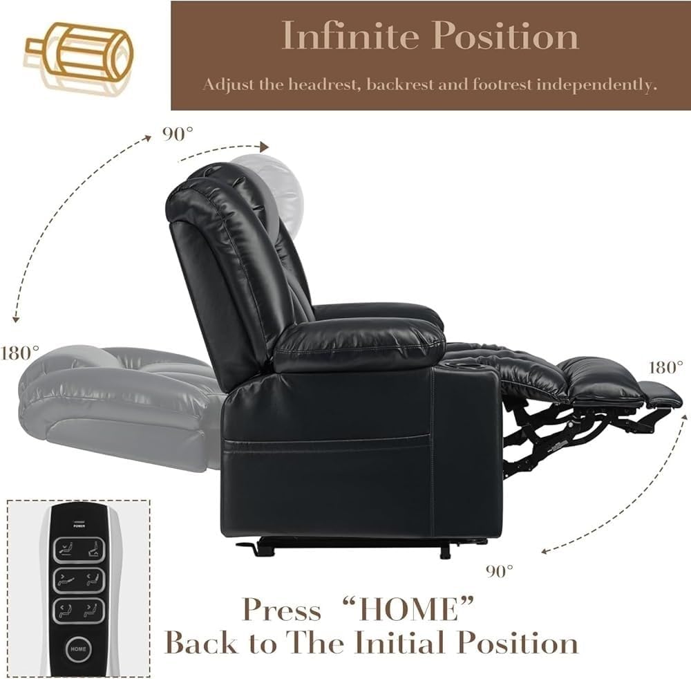 Large Power Lift Chair Recliner for Elderly with Lay Flat Function Adjustable Headrest Extended Footrest Infinite Position Massage and Heat Heavy Duty Electric Lift Mechanism
