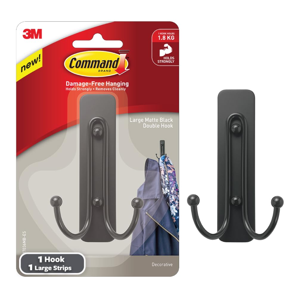 - Command Matte Black Double Hook, Organize Damage-Free, Indoor Use (17036MB-ES)