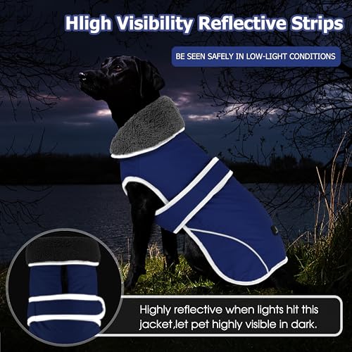 Image of Dogcheer Dog Coat, Waterproof Dog Jacket Reflective Pet Winter Coat with Adjustable Hook & Loop, Christmas Puppy Fleece Jacket Warm Turtleneck Snowsuit for Small Medium Large Dogs - Blue, 2XL
