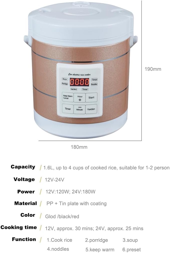 1.6L Rice Cooker 12V-24V Electric Lunch Box Manufacturer Multicooker Small Rice Stove for Car Truck RV Travel Camping Gold (1601)