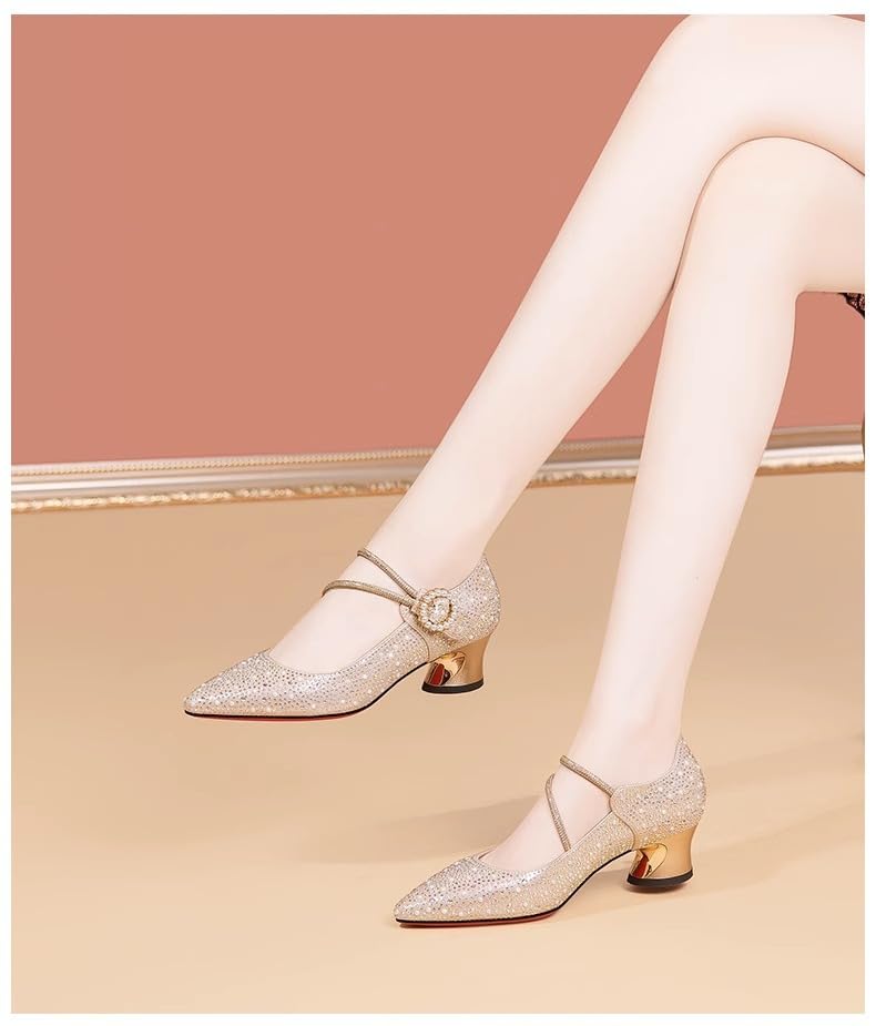 Women's Closed Pointed Toe Rhinstone Pumps Chunky Block High Heel Dress Office Party Wedding Shoes for Women4