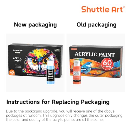 72 Pack Acrylic Paint Set, Shuttle Art 60 Colors Acrylic Paint Including Extra White Black & 12 Brushes, 2oz/60ml, Rich Pigmented, Water Proof, Ideal for Artists, Beginners on Canvas Rock Wood Ceramic