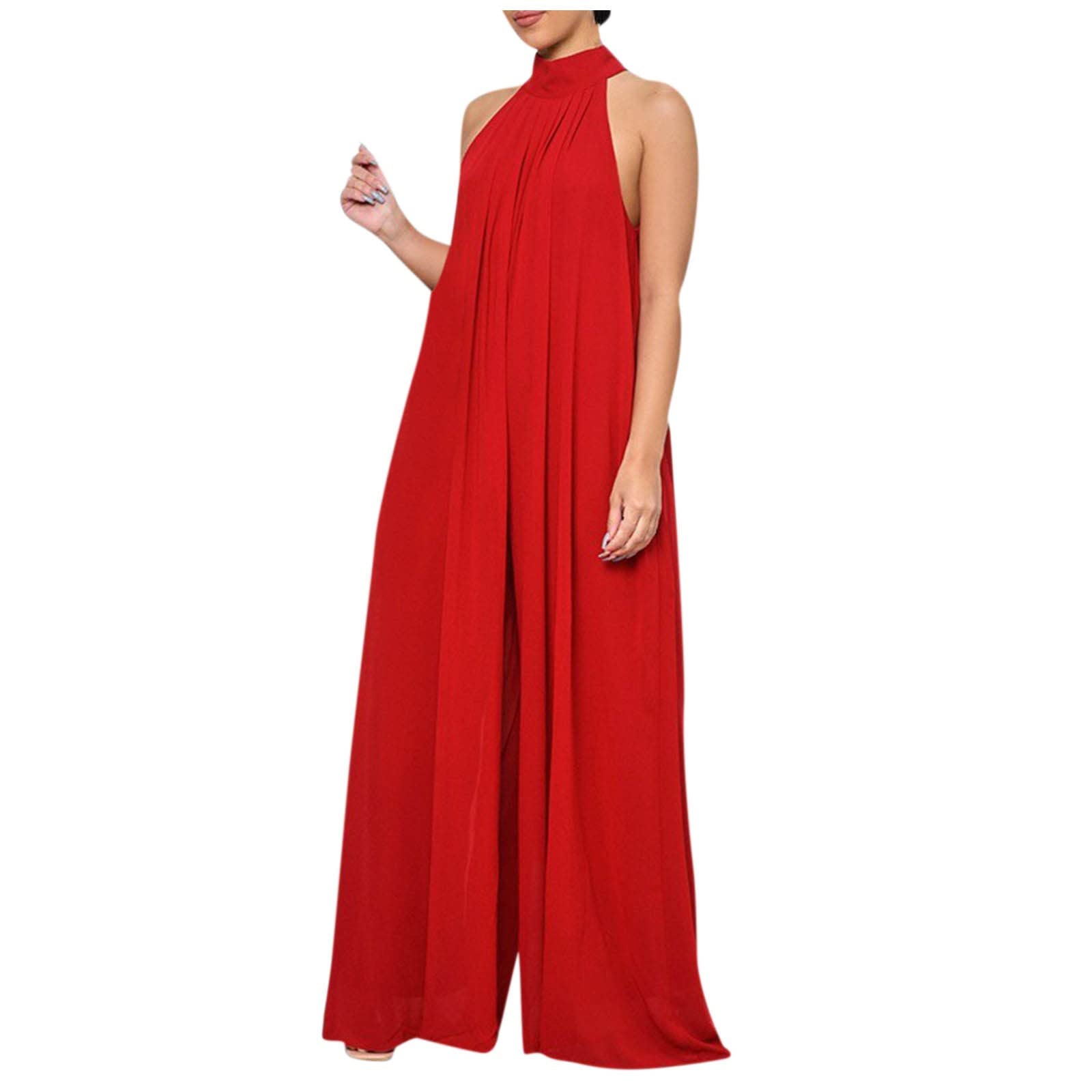Overall Damen Sommer Lang Ärmellos Musselin Jumpsuit Elegant Neckholder Weites Bein Jumpsuits Für Damen Festlich Hochzeit Hosenanzug Einteiler Schulterfrei Romper Sommer mit Tasche Playsuit
