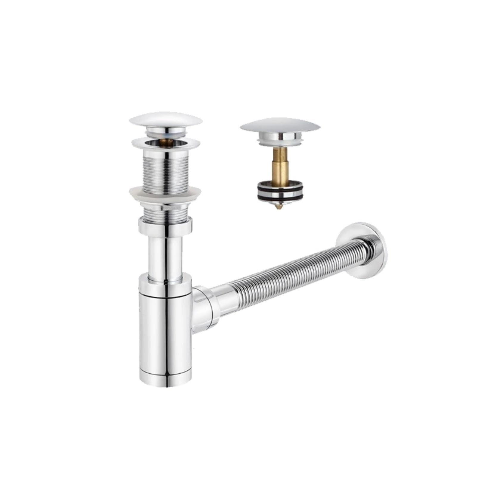 Messing Push-Ablauf mit Flaschensiphon, Wandablauf Schlauch 350mm