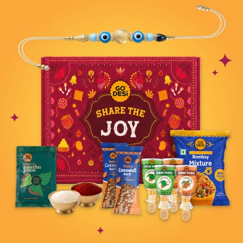GO DESi Rakhi Set For Brother - 12 Items | Share the Joy Gift Box | Evil Eye Stone Rakhi by Japam | DESi POPz: Tangy Imli, Real Aam, Kaccha Aam | Choc