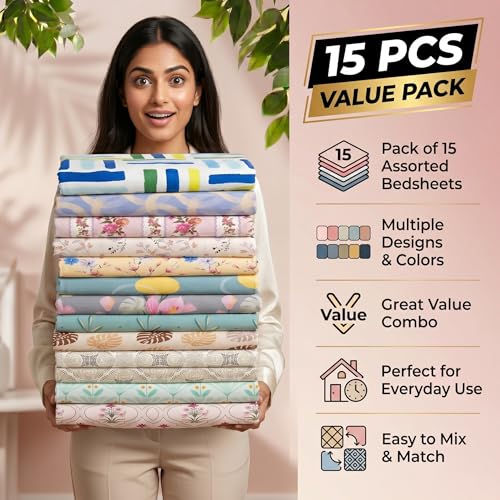 Image of BSB HOME 180 TC Cotton Double Bedsheet Set with Pillow Covers, Soft Breathable Printed Bedding for Bedroom, Pack of 15, King Size - 90 x 90 Inches (228 x 228 CM)