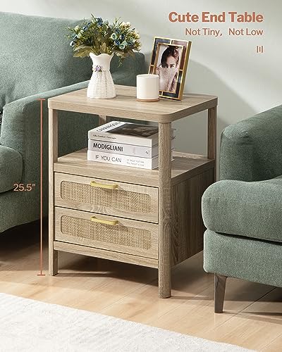 Sheepping Nightstands Set of 2 - Rattan Night Stand Bedside Table with 2 Rattan Drawers, Open Storage Shelf, Farmhouse Wood Bed Side Tables End Table for Bedroom Living Room, Natural - Image 3