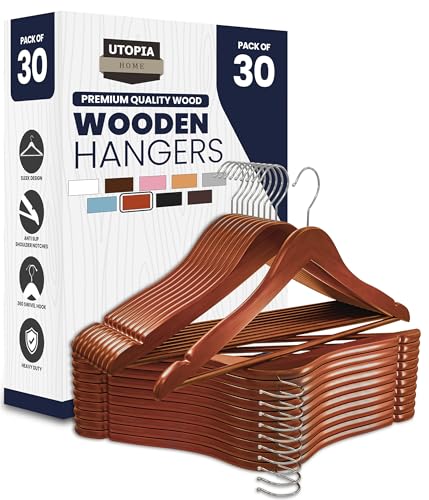 Utopia Home Premium Wooden Hangers 30 Pack - Durable & Slim Coat Hanger - Suit Hanger with 360-Degree Rotatable Hook - Wood Hangers with Shoulder Grooves (Cherry)