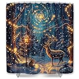 Christmas Shower Curtain, Winter Xmas Holiday Decor Rustic Waterproof Fabric Shower Curtain Set with Hooks, Christmas Reindeer Starry Sky Nature Forest Snowy Scenery Bathroom Curtain, 72x72inch