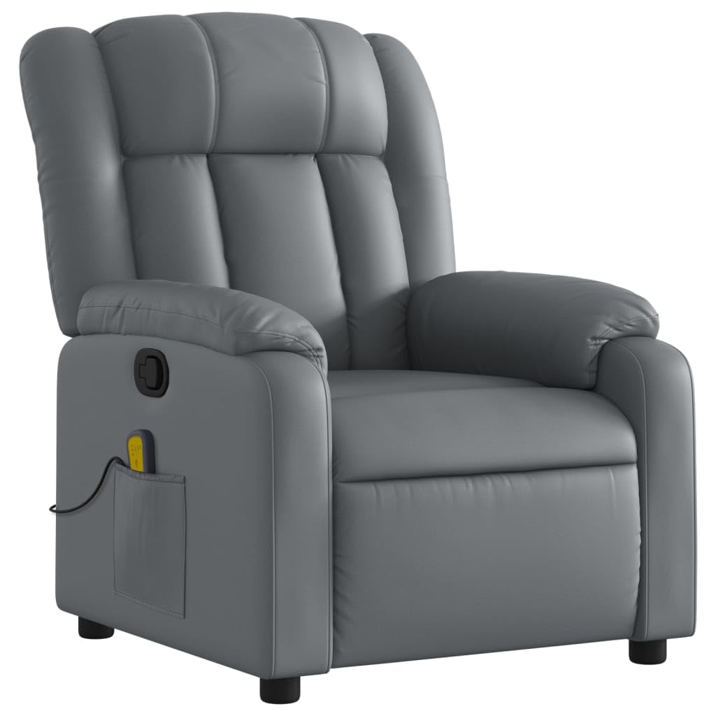 Sillón de masaje de relax de piel sintética gris con 6 puntos de masaje de vibración, función de descanso manual hasta 135 grados, reposabrazos anchos, bolsillo lateral, 78 x 92 x 98 cm