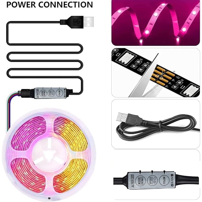 Image of One94Store RGB LED Strip Light USB Powered Flexible 5V Color Changing Light with Mini Controller for TV Backlight, Gaming Desk, PC, Monitor, & Home Decor (2 Meter for 24-32 inch inch TV's) 2 Meters