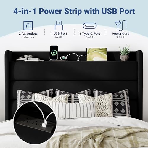 Image of Allewie Queen Size Upholstered Bed Frame with Charging Station, Black