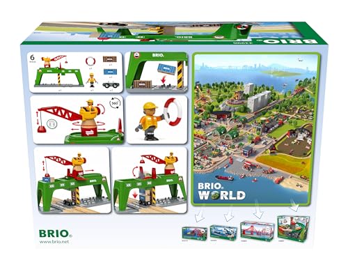 BRIO World 33996 Bahn Verlade Terminal - Mit beweglichem Kran zum Umladen von Gütern auf die Schiene, Straße und das Schiff - Empfohlen für Kinder ab 3 Jahren