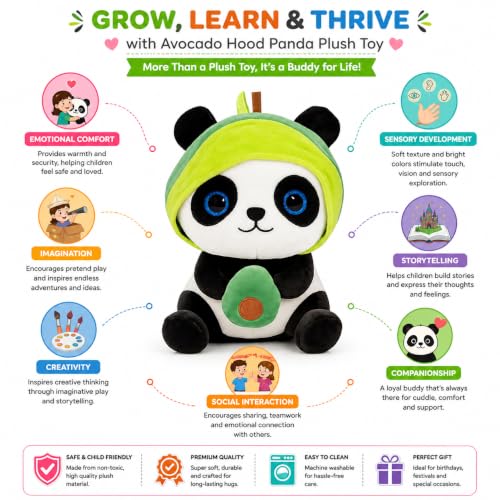 Image of Fun4you Avocado Panda Soft Toy | Cute Plush Stuffed Animal with Hoodie for Kids | Cuddly Panda Doll for Baby Girls & Boys | Birthday Gift, Sleeping Companion & Nursery Decor (30 cm)