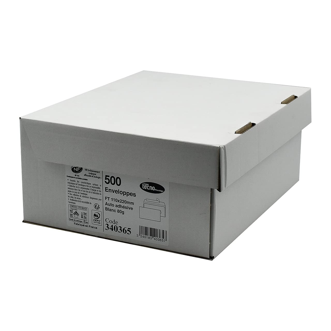 TECNO PRESTIGE, boîte de 500 enveloppes extra blanc, bande de protection, 80g, Format DL 110x220 mm