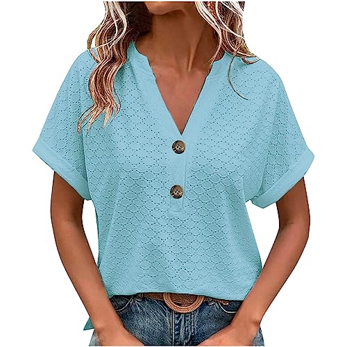 Womens T Shirts Slim Crop Short Sleeve Tops Quarter Button V-Neck Solid Hollow Lightweight Top Women Modern Shirt