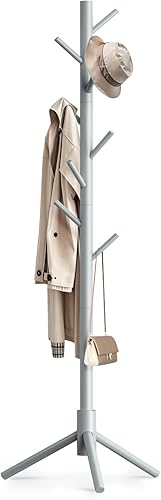 Miniatura 8 de Perchero de madera independiente con 8 ganchos, fácil montaje, percheros de pino de Nueva Zelanda, 3 tamaños ajustables para ropa, sombreros,