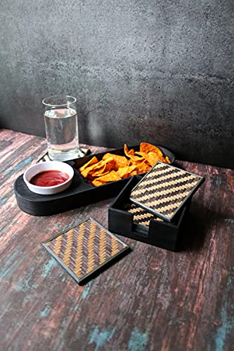 Kadam Haat Nacho Serving Set | Wooden Bamboo Appetizer Platter Serving Tray (Black) | 1 Chip & Dip,1 Dip Bowl and 6 Square Coasters | Ideal for Serving Snacks & Platter with Sauce