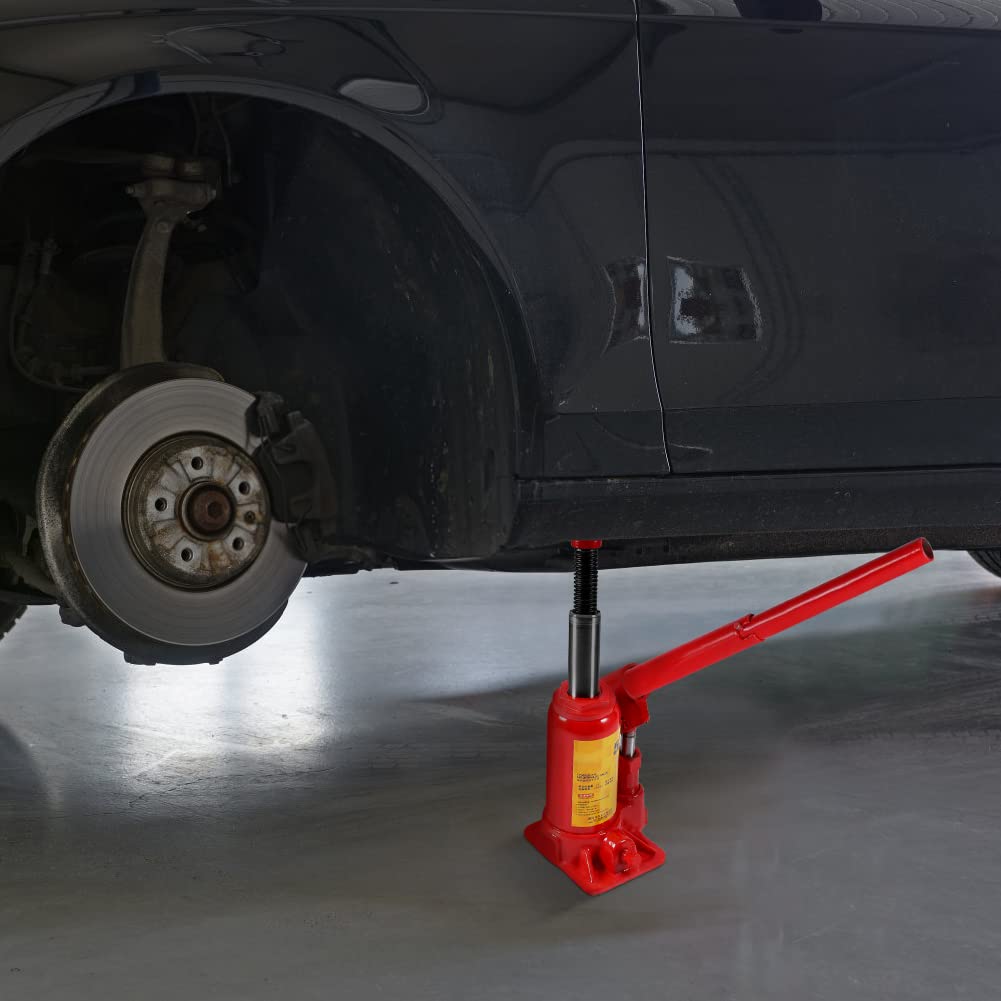 Cric Idraulico a Bottiglia 2T, Sollevamento Verticale, Base Allargata | Sollevatore a pistone in acciaio, per officina e manutenzione auto, fusione integrale rinforzata, vite regolabile antisc
