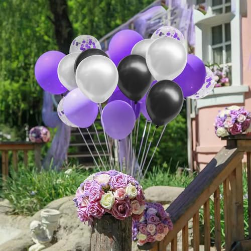 Image of Black Purple Silver Balloon, 70-pack Purple Balloons for Birthday Graduation