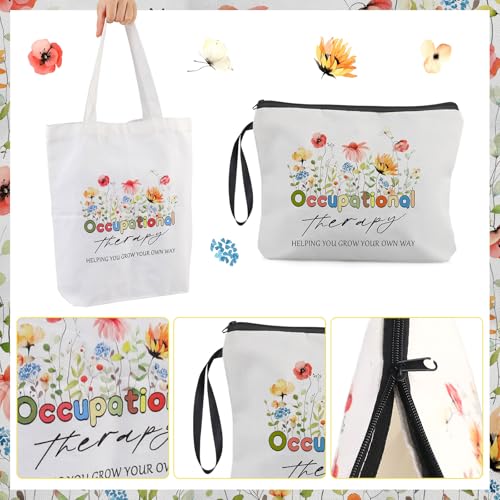 3 Pcs OT Gifts Occupational Therapy Gifts Flower Canvas Tote Bag Makeup Bag Cosmetic Bag Therapist Keychain for Occupational Therapists OT Appreciation Gifts Speech Therapist Gift for Woman2