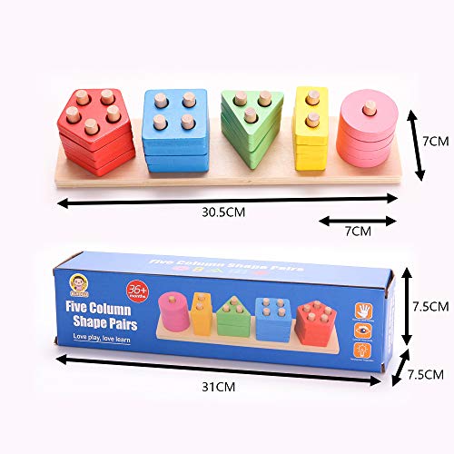 RUIDELI Wooden Educational Geometric Toys, Preschool Learning Shape Color Recognition Geometric Stacking Blocks, Toddler Geometric Sorting Board Blocks