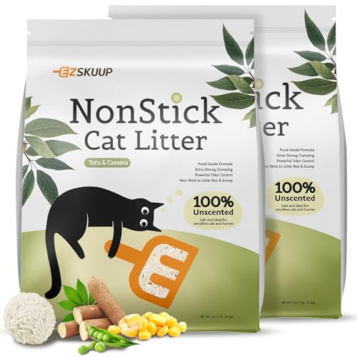 EZSKUUP Lettiera per gatti in cassava di tofu con fondo antiaderente, confezione da 2 lettiere ultra agglomeranti, lettiera biodegradabile naturale, controllo degli odori delle piante, bassa polvere