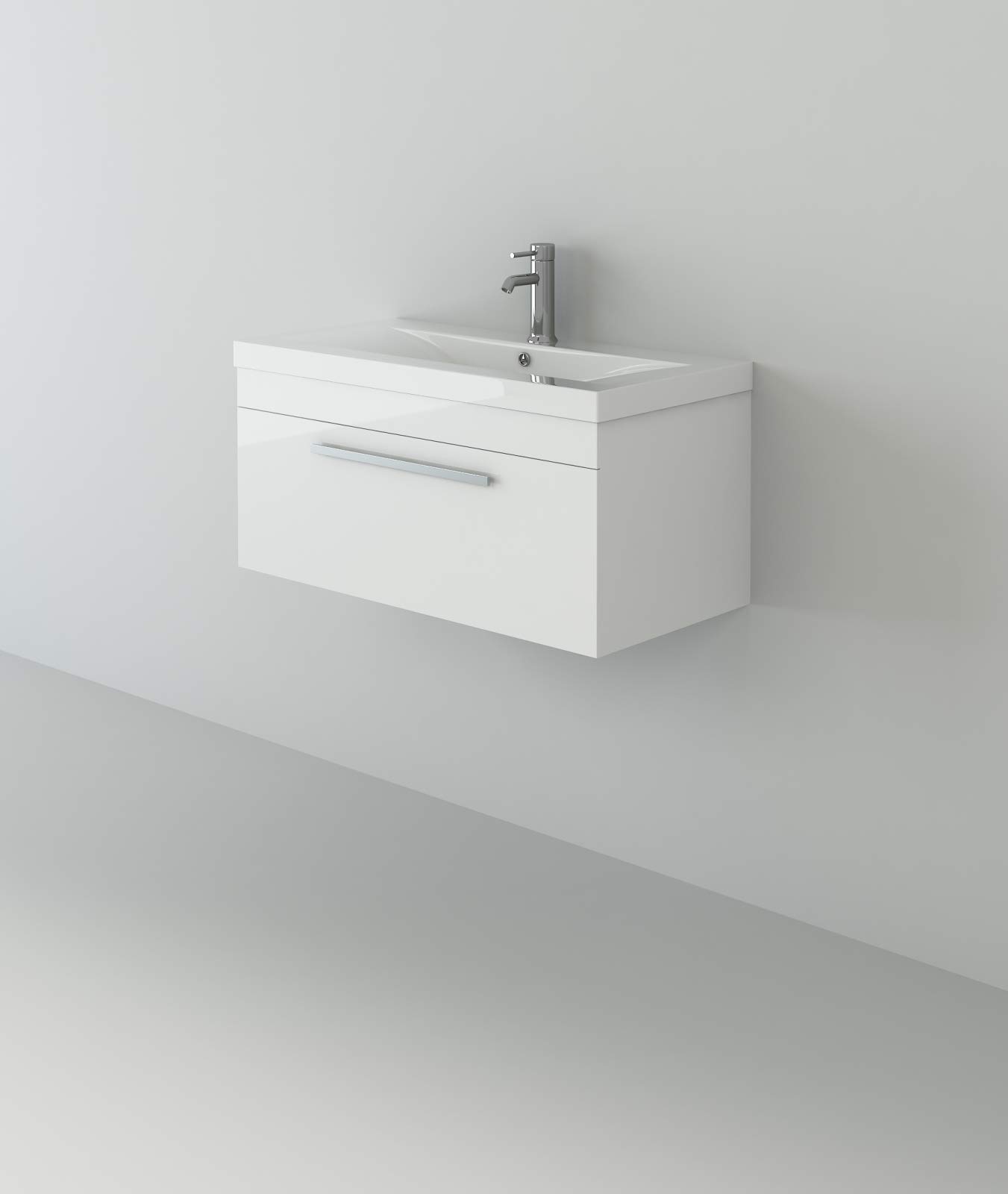 BB.EWH80 Sobek Wall Hung Basin Vanity Cabinet Furniture Square Sink & Pull Down Drawer Unit-800mm, White, 800mm