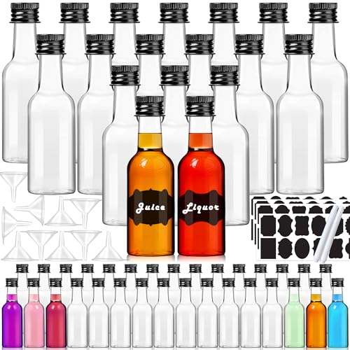 YZXODN 50 Pack 2 oz Mini Liquor Bottles with Labels, Plastic Alcohol Bottles, Airtight Shot Bottles, Little Spirit Bottle with Funnels Black Caps, Hot Sauce Bottle for Cocktail, Party Favors, Weddings