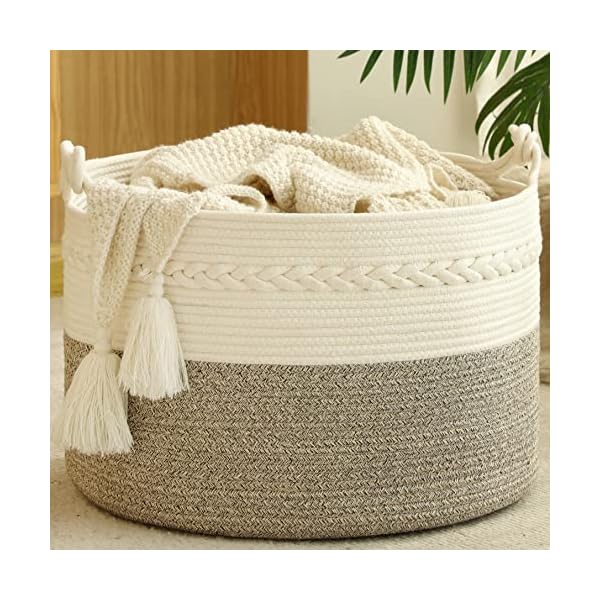 KAKAMAY Large Blanket Basket (20"x13"),Woven Baskets for storage Baby Laundry Hamper, Cotton Rope Blanket Basket for Living Room, Laundry, Nursery, Pillows, Baby Toy chest (White/Beige) KAKAMAY Large Blanket Basket (20"x13"),Woven Baskets for storage Baby Laundry Hamper, Cotton Rope Blanket Basket for Living Room, Laundry, Nursery, Pillows, Baby Toy chest (White/Beige)