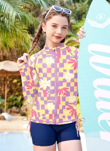 Image of BesserBay Girls Rash Guard UPF 50+ Zip Up Raglan Long Sleeve Adjustable Drawstring Swim UV Jacket 4-14 Years