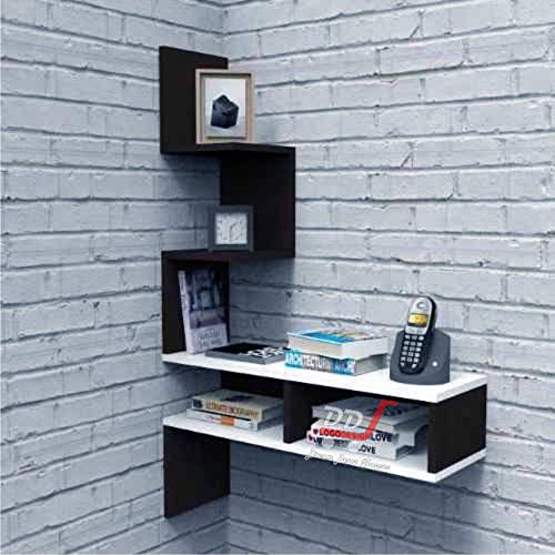 Image of Engineered Wood Big Zigzag Corner Wall Shelf for Living Room and Home Decor (White Combination) (Black & White)