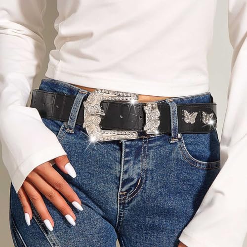 Black Rhinestone Belts Western Women Bling Studded Belt Cowgirl Belts Leather Waist Belt Wide Buckle Belts for Jeans2