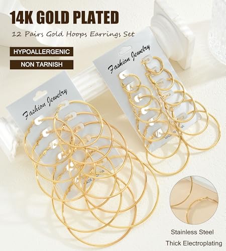 12 Pairs 14K Gold Plated Hoop Earrings for Women Non Tarnish - image 8