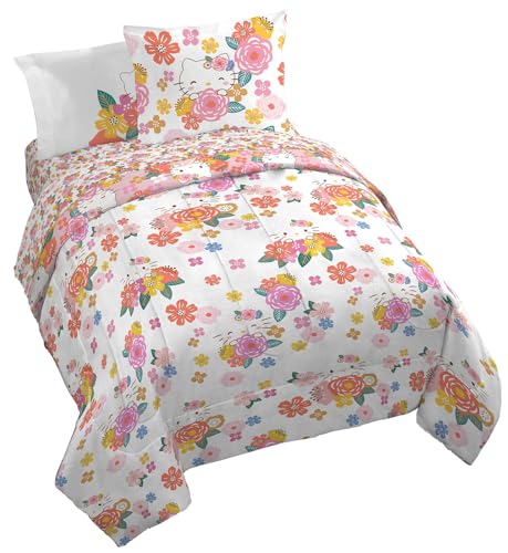 Image of Sanrio Hello Kitty King Comforter Set 7 Piece Floral Bedding, Multi | Bed in a Bag, Comforter Sheets Shams Pillowcases, Official Product, Soft Microfiber, Machine Washable, Girls Gift