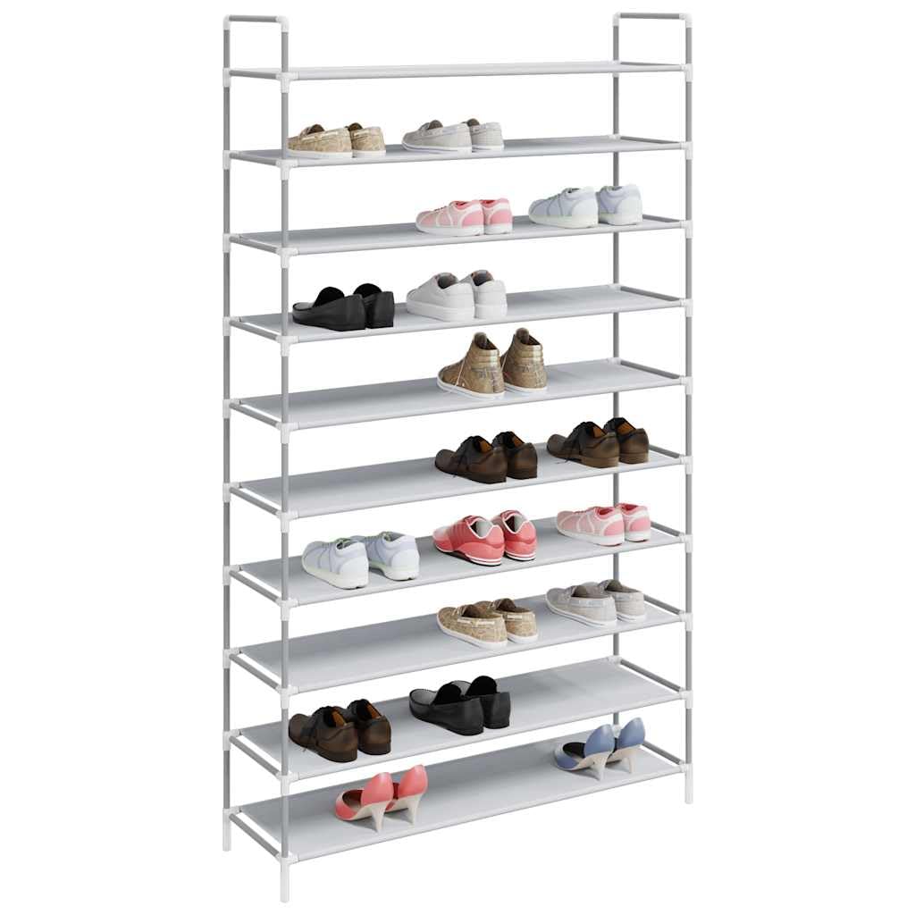 Zapatero con 10 estantes de metal y tela no tejida plateada, ahorra espacio para pasillo y pasillo, zapatero estrecho con marco tubular resistente, organizador apilable y resistente al polvo