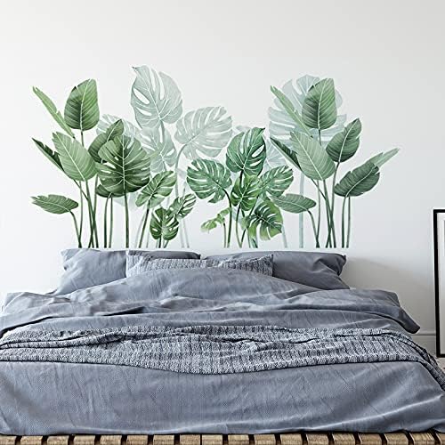 Green Palm Leaf Plants Wall Stickers, Nature Monstera Leaf Tropical Plant Wall Decals, ZONITOK Giant Leaves Wall Mural Decor for Living Room Bedroom Classroom Office Decoration