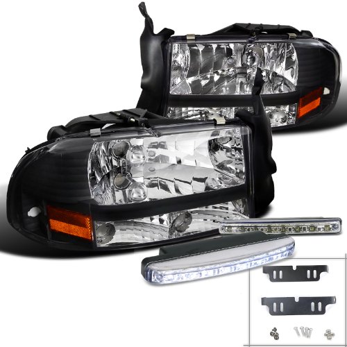 SPEC-D TUNING Black Headlight W/White Led Bumper Fog Light for 1997-2003 Dodge Dakota Left + Right Pair