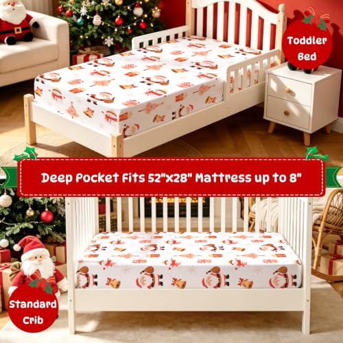 Image of Cloele Christmas Crib Sheet for Boys Girls,White,Santa Snowman,52x28in