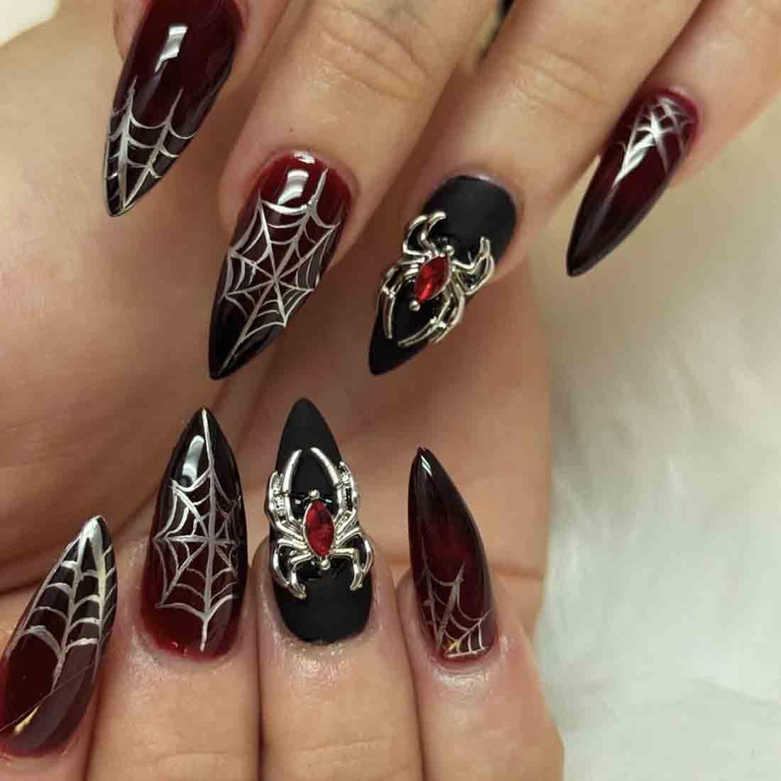 Carufin Halloween Gothic Dark Black Red Gradient Spider Web with Metal Spider, Detachable Fake Nail For Women