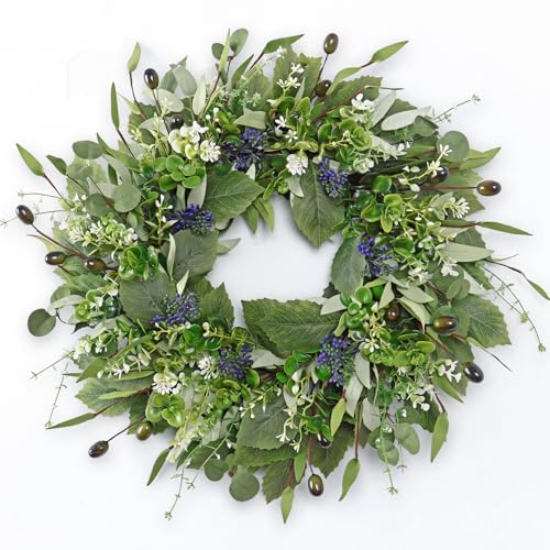 ASTNIC Spring Door Wreath for Front Door 20.5 inch Green Artificial Wreaths with Eucalyptus Olive Boxwood Leaves Lifelike Door Wreaths Outdoor All Year Ramadan Decorations for Home Farmhouse Decor