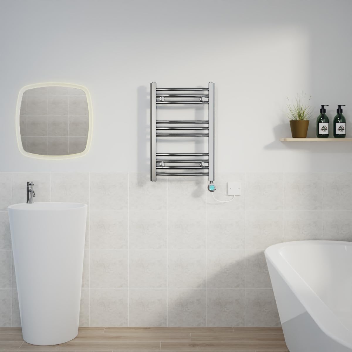 Warmehaus Chrome Electric Heated Towel Rail Curved Thermostatic Bathroom Towel Radiator With Timer - 600X400mm