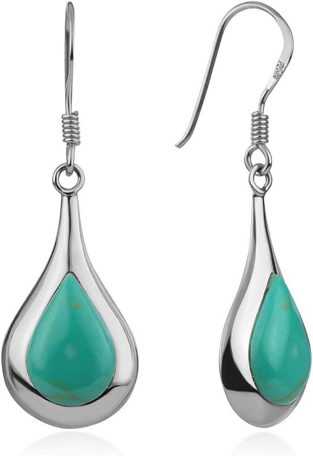 925 Sterling Silver Inlay Puffed Teardrop Shaped Blue Turquoise Dangle Hook Earrings 1.4 Inches