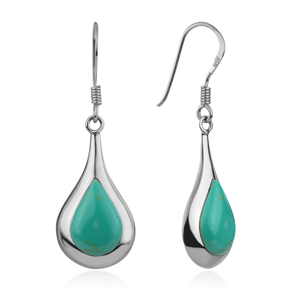 925 Sterling Silver Inlay Puffed Teardrop Shaped Blue Turquoise Dangle Hook Earrings 1.4 Inches