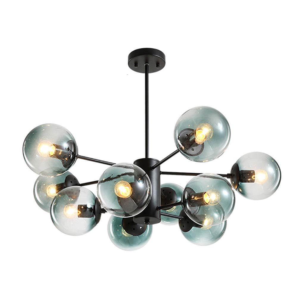 HYJAUSXB Mid Century Modern Chandelier Lighting Fixture with Matte Black Finish Semi Flush Mount Ceiling Light Spherical Glass Lampshade 6 Head Decoration in Cognac Color